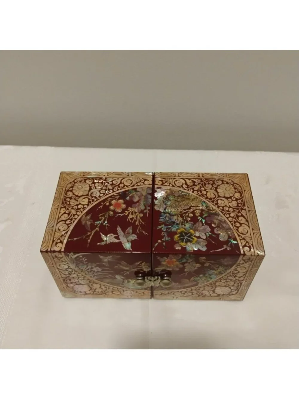 Vintage Korean Mother of Pearl Jewelry Box Red Lacquerware Folding 4 Drawer